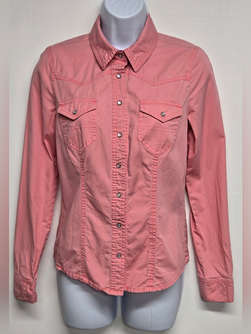 Joyce Leslie S Snap Down Shirt Top Long Sleeve Western Pockets Coral Cotton